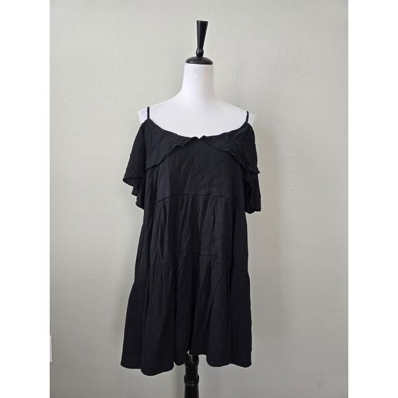 SO Off-Shoulder Tiered Black Mini Dress XXL | Flowy Summer Boho Vibe - Picture 1 of 7